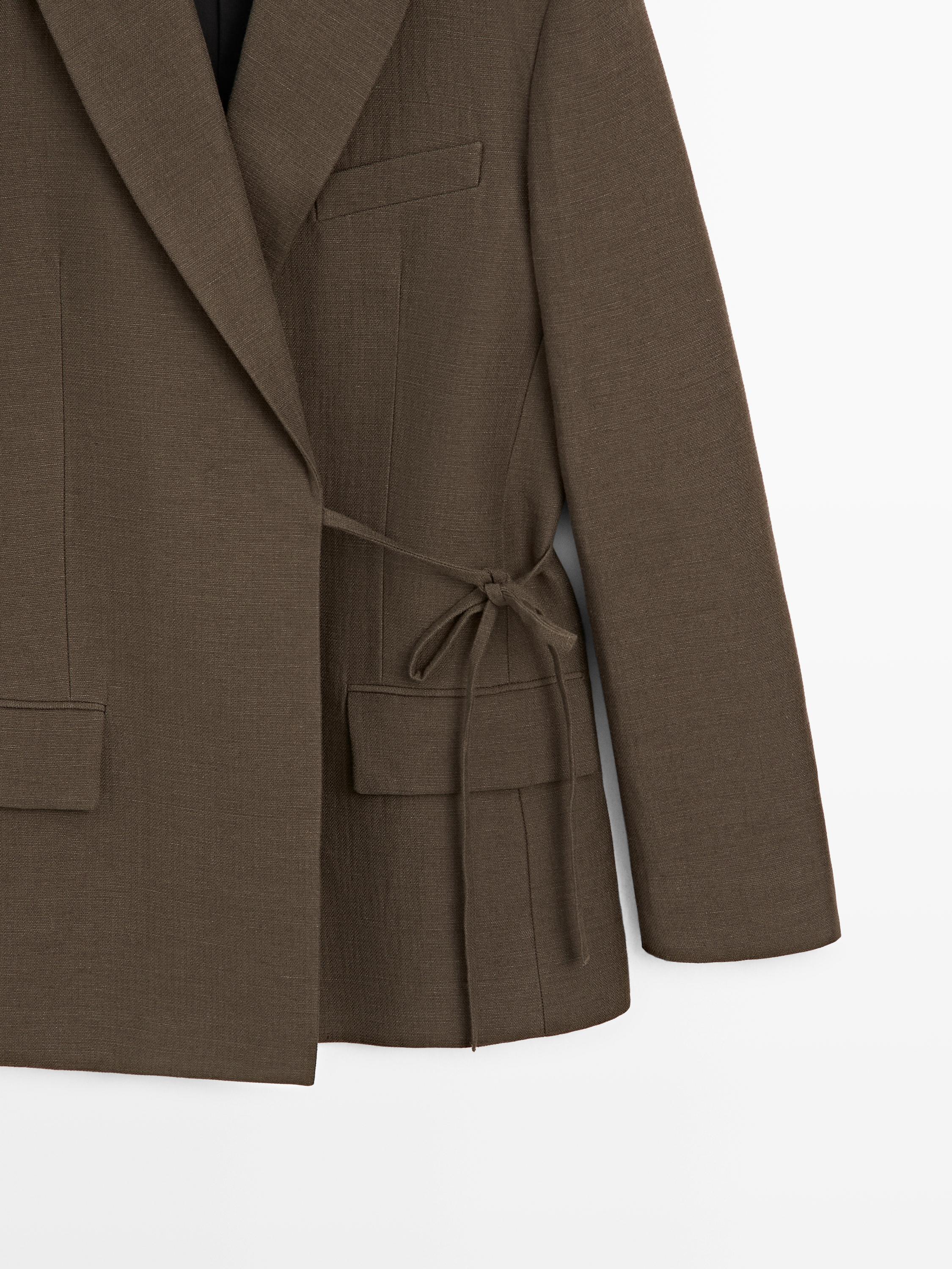 Double-breasted cotton blend blazer with tie detail